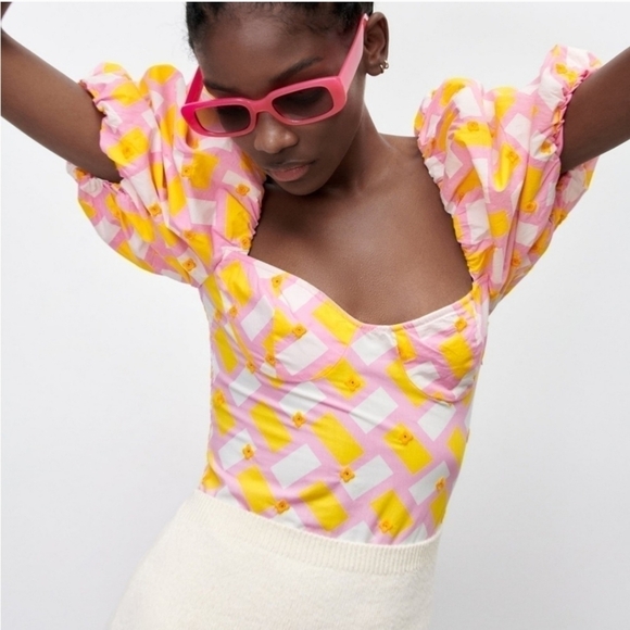 New Zara Poplin Floral Embroidery Barbie Pink Geo Print Bodysuit/Top NWT Small - Picture 9 of 17